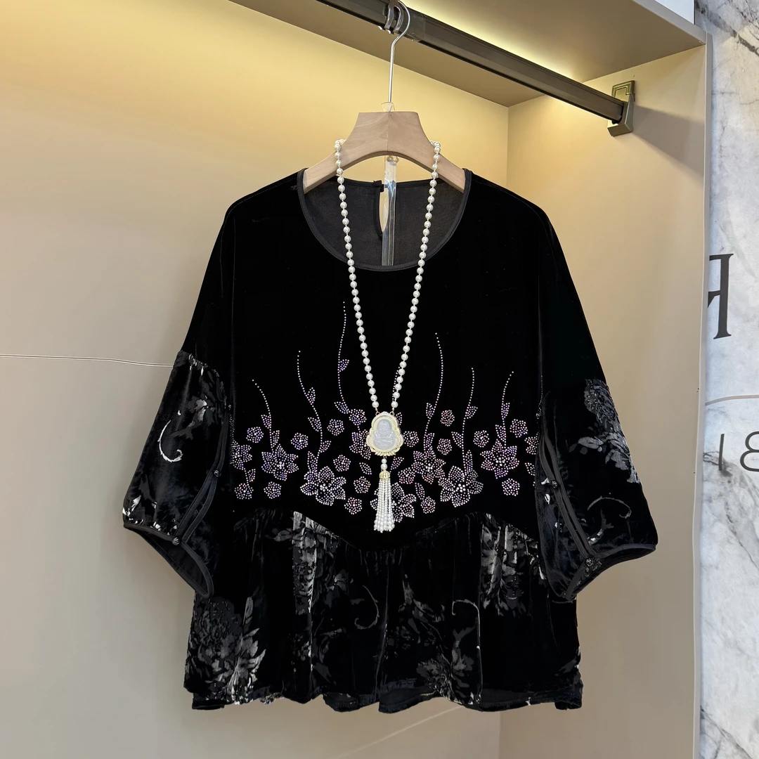 2025秋季新款圆领新中式高级感盘扣丝绒精致时尚镶钻胖mm上衣2507