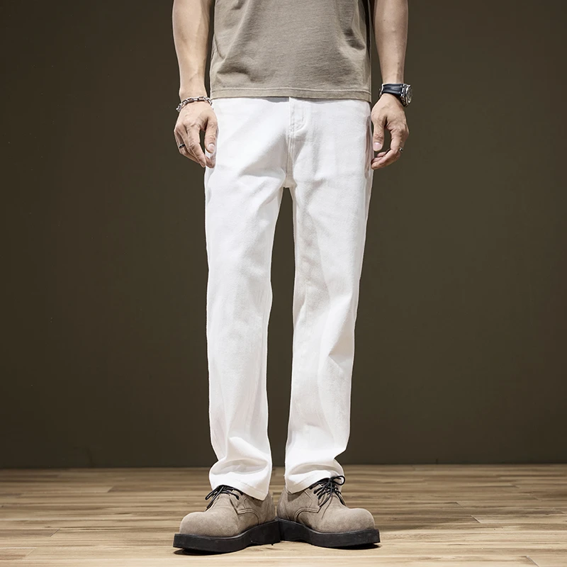 [有腔调推荐】大码男士夏季高弹奶白加长微直筒百搭牛仔裤