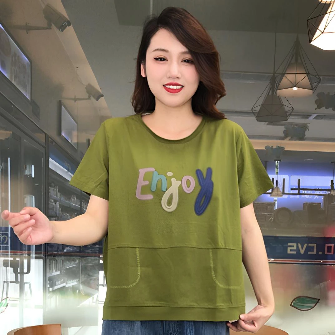 休闲T恤夏季时尚显瘦圆领百搭宽松字母印花短袖洋气拼接休闲风