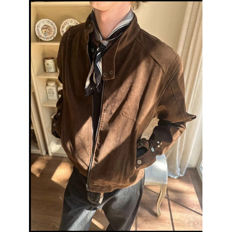 秋季新款复古绒皮工艺立领哈灵顿夹克男士小众休闲宽松潮流男外套