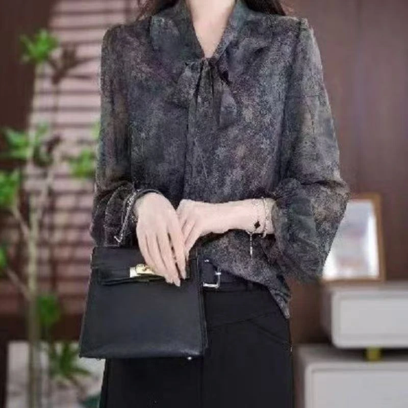 飘带领印花衬衫女春款减龄休闲女装宽松衬衫C休闲宽松百搭气质女