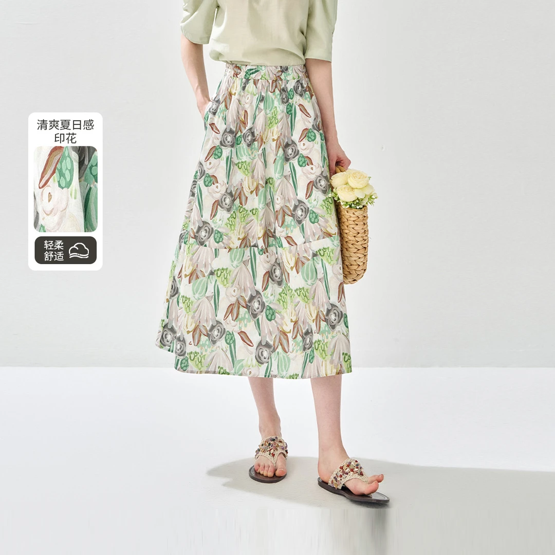 2025夏款油画碎花雪纺半身裙沙滩裙气质休闲时尚半截裙女