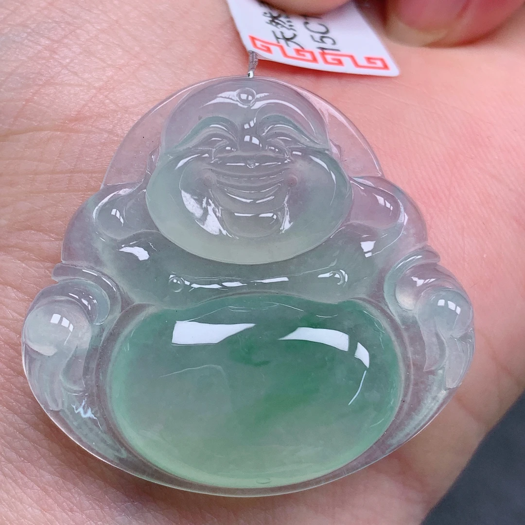 天然缅甸翡翠A货正冰晴飘花佛公气质精美尺寸36.3+33.8+6.6  303