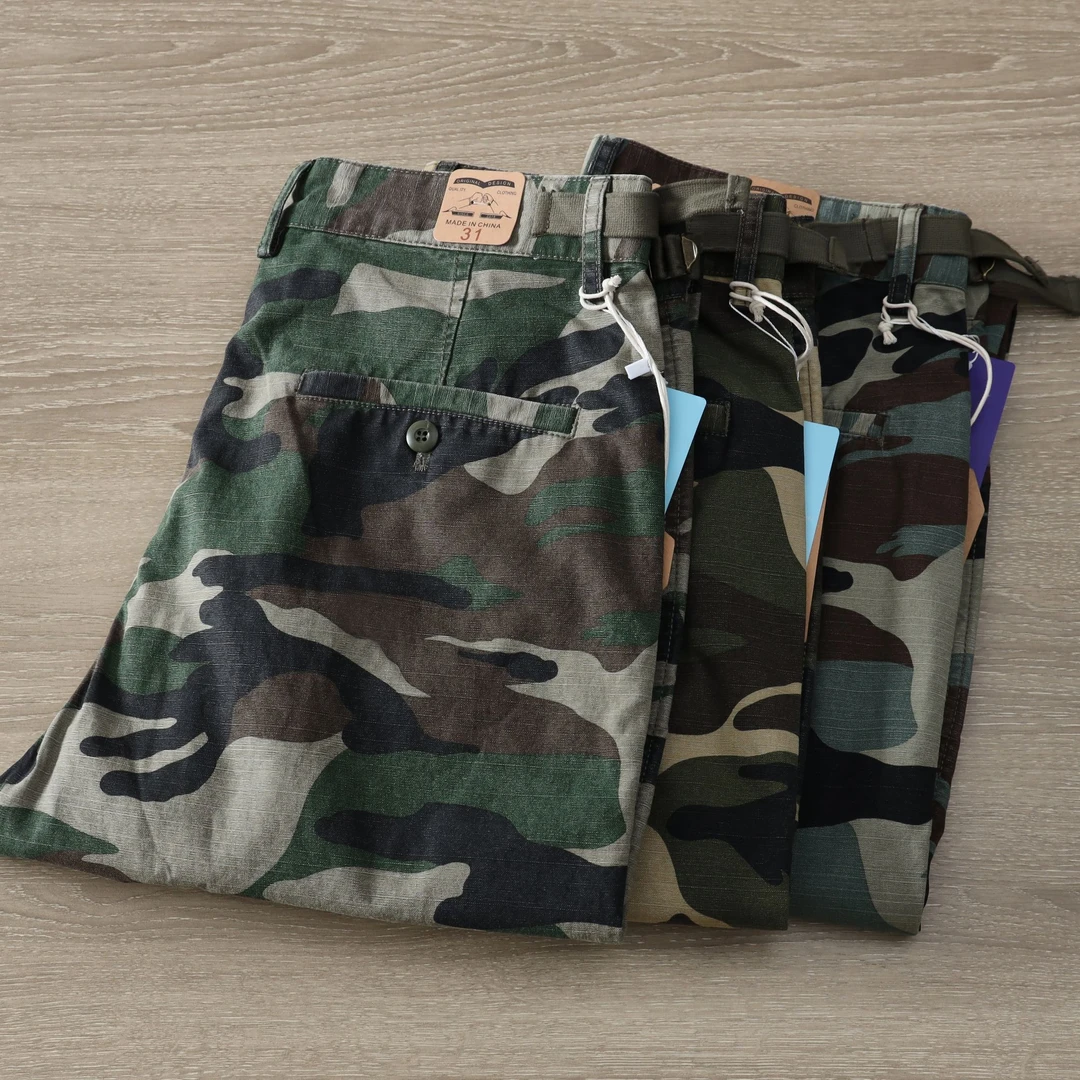 重磅纯棉户外迷彩裤秋冬新款直筒休闲裤水洗做旧男士复古工装长裤