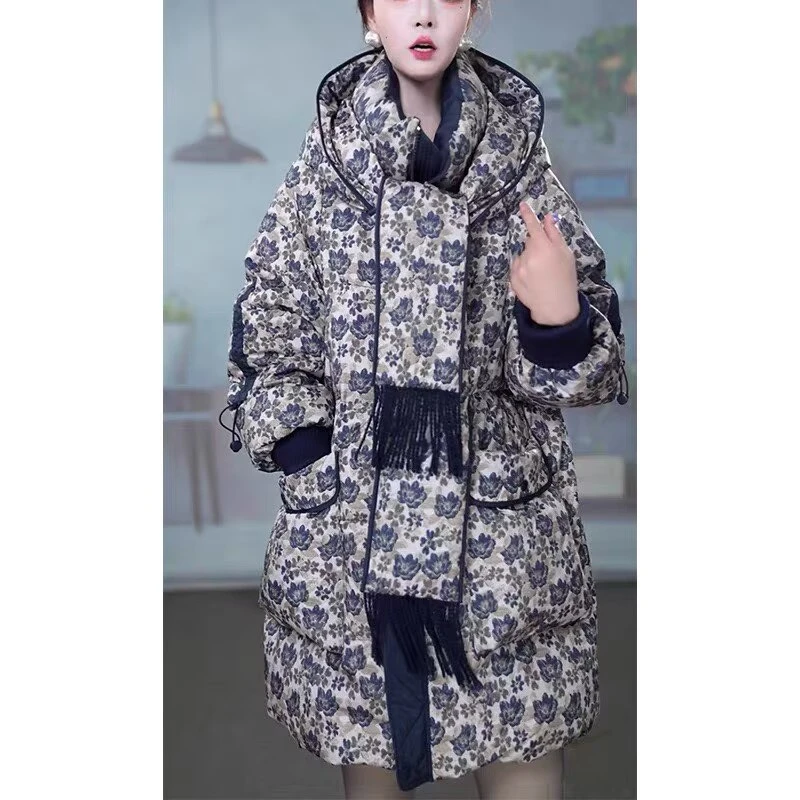 2025冬季时尚气质休闲百搭围巾领高级设计感中长款羽绒服M-XL