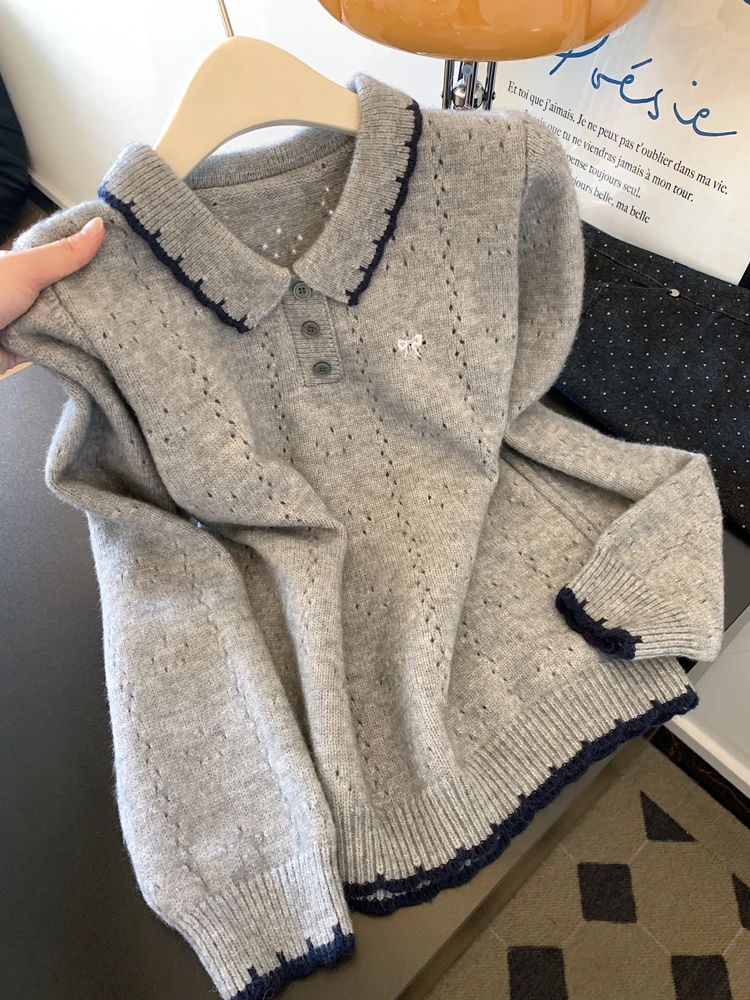 韩系娃娃领镂空花边针织衫女秋新款简约百搭长袖毛衣