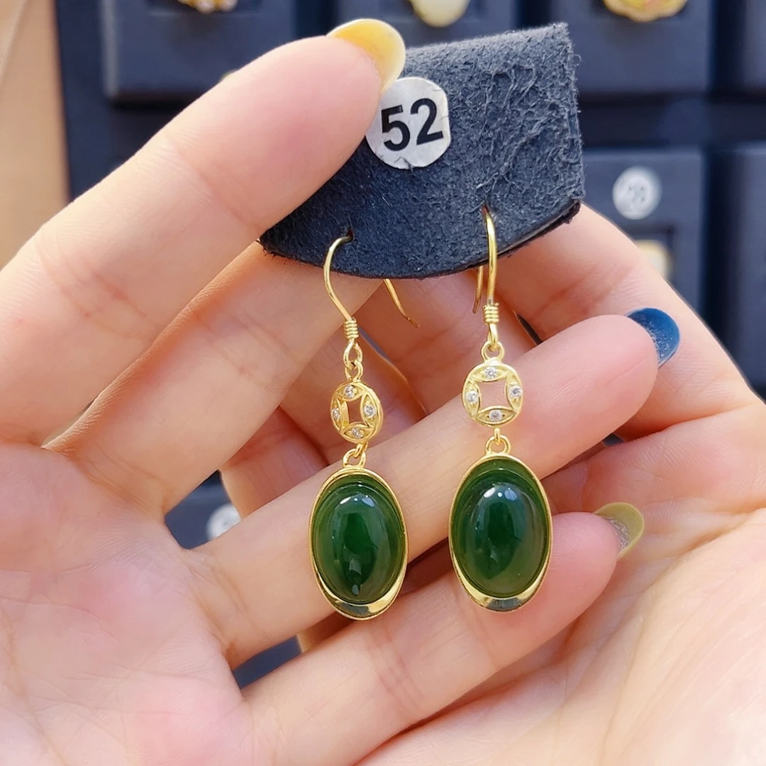 和田玉银S925镀金镶嵌耳饰