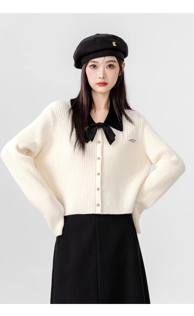 2025秋冬新款蝴蝶结灰色外套女设计感针织开衫小众短款小个子上衣