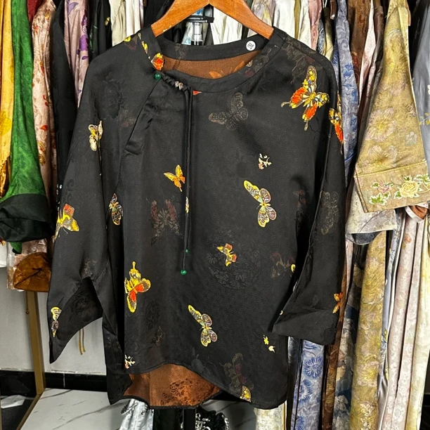 梦蝶-高定香云重锻提花圆领斜襟上衣衬衫