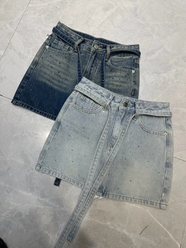 时尚复古渐变烫钻牛仔半身裙女夏季新款抽绳高腰显瘦包臀a字短裙