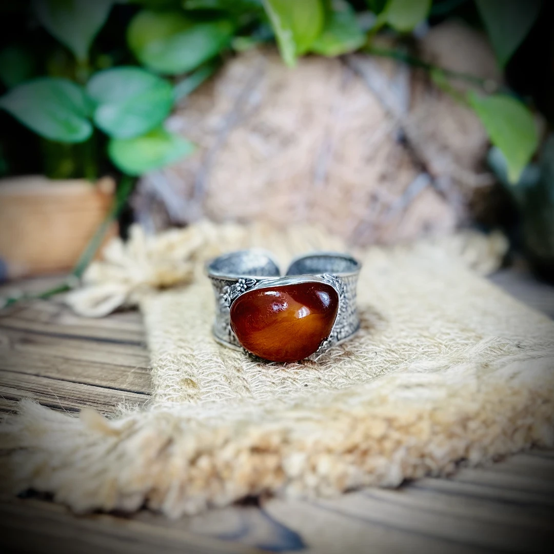 【古香古色】复古s925银蜜蜡琥珀手镯（圈口可调节）