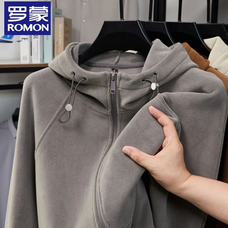 罗蒙双面摇粒绒连帽秋冬季时尚加厚抓绒衣开衫卫衣男奥粒绒夹克