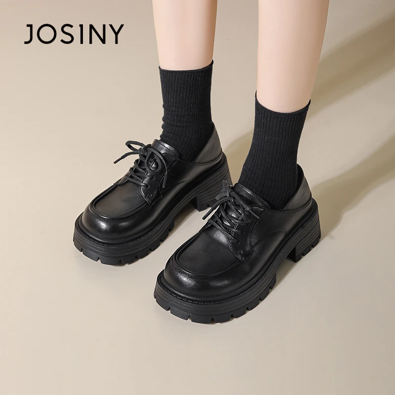 卓诗尼乐福鞋女2025年春季新款百搭时尚厚底英伦风增高粗跟小皮鞋