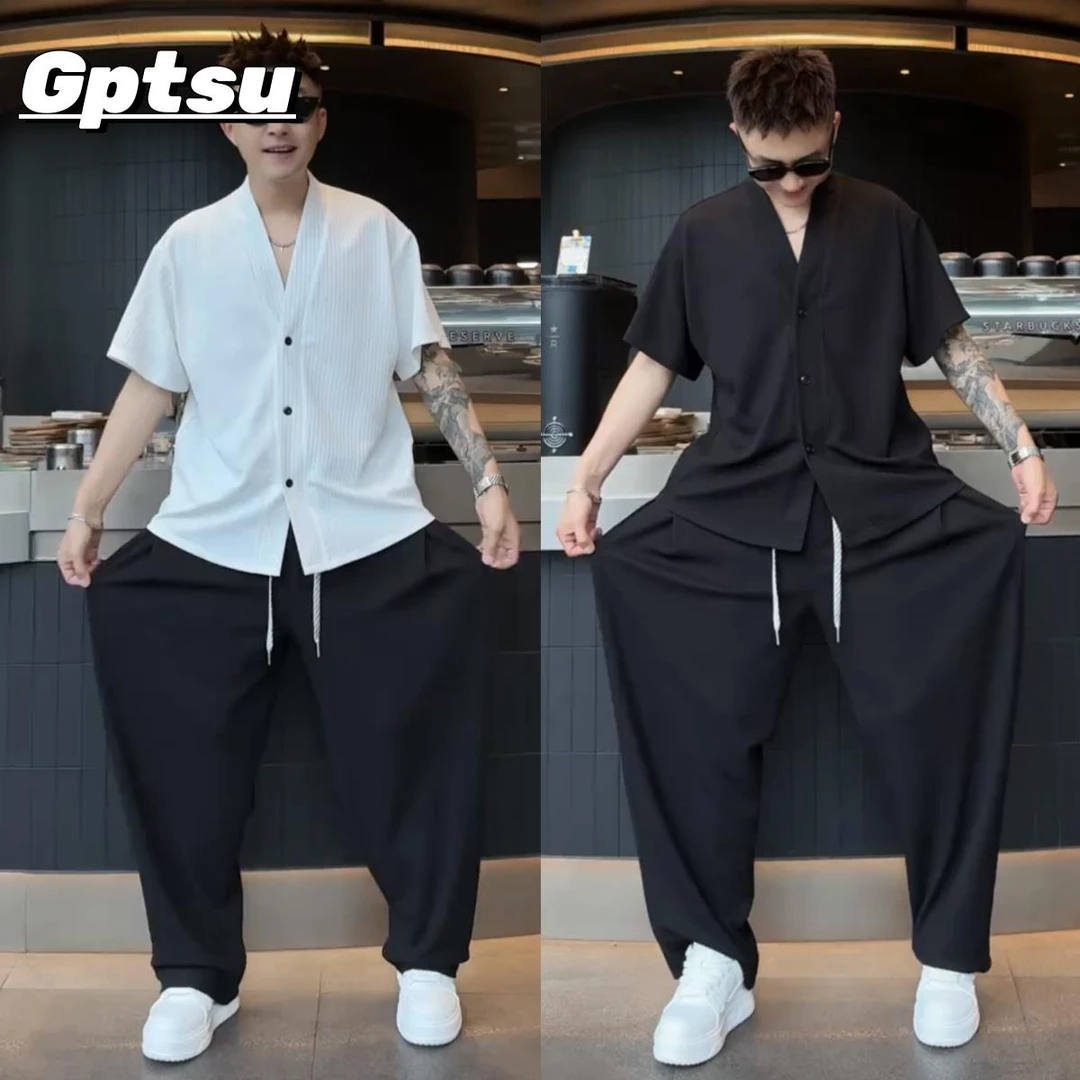 GPTSu夏季极简风V领竖纹肌理感休闲套装男士百搭短袖休闲裤两件套