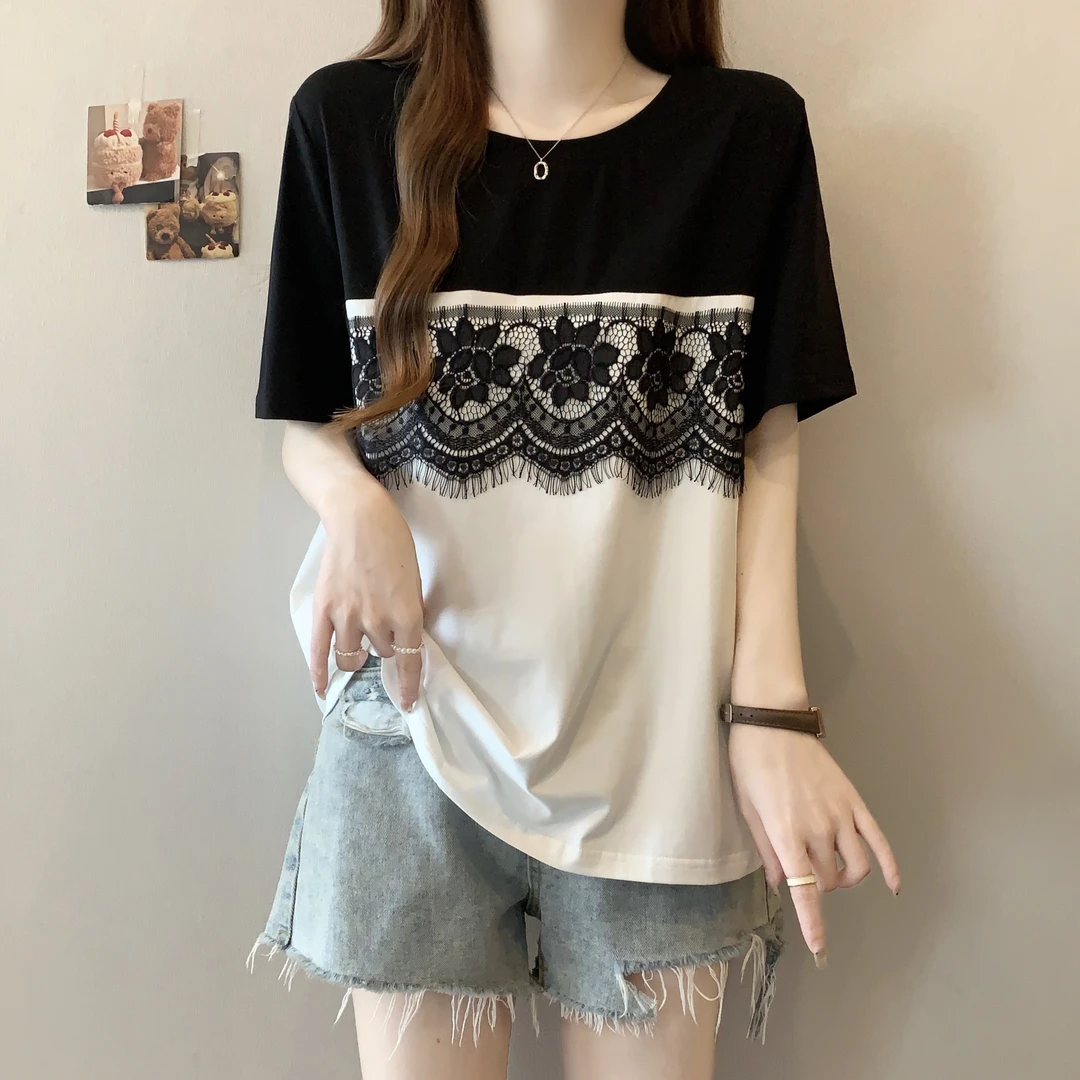 2025夏季新款大码胖MM洋气减龄蕾丝花边显瘦短袖T恤上衣
