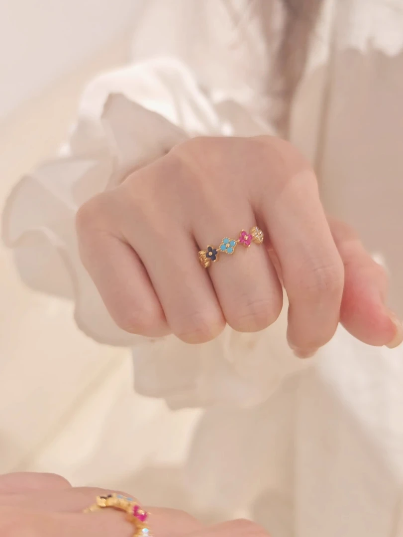 铜合金戒指 夏日彩色多巴胺 四叶花戒指轻奢小众设计幸运花手指环