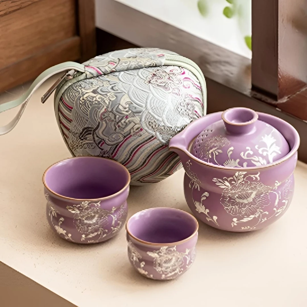 描银手绘紫色牡丹葫芦旅行套  G2376