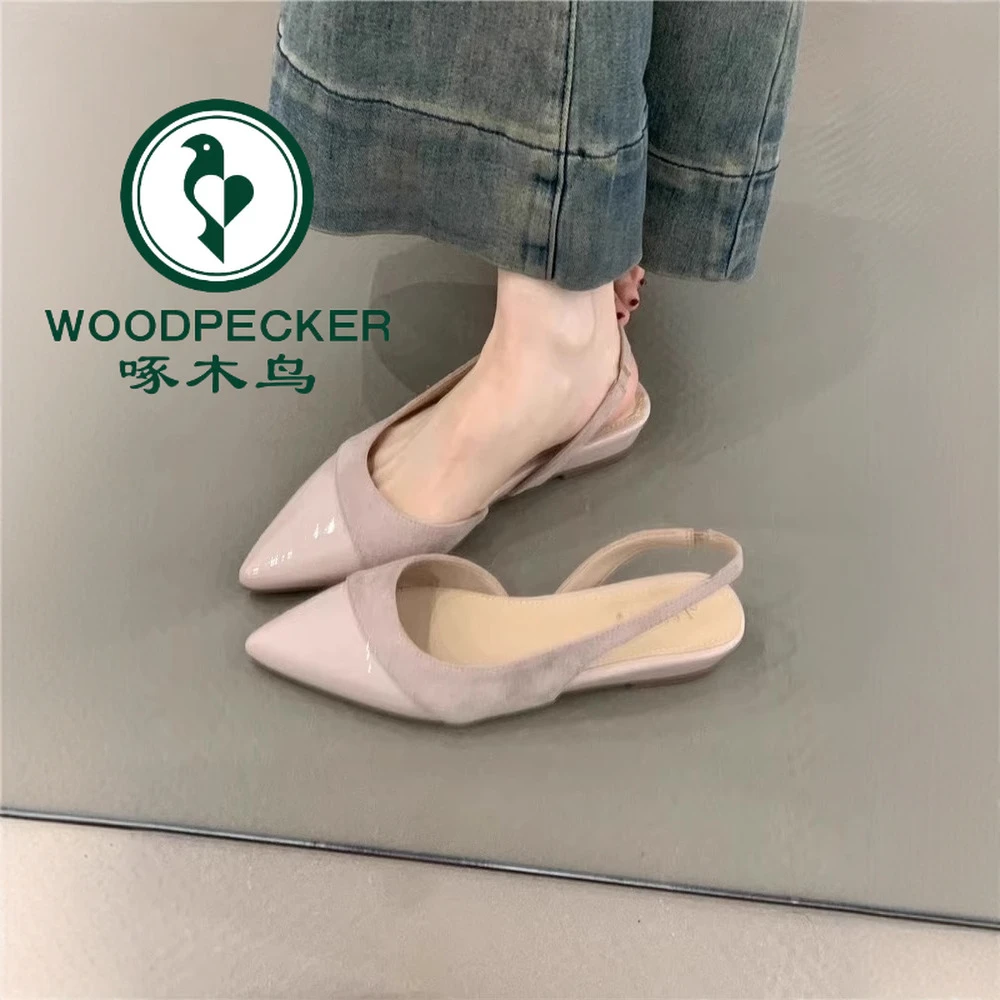 啄木鸟拼接浅口2025年法式一脚蹬单鞋女百搭低跟后空通勤尖头凉鞋