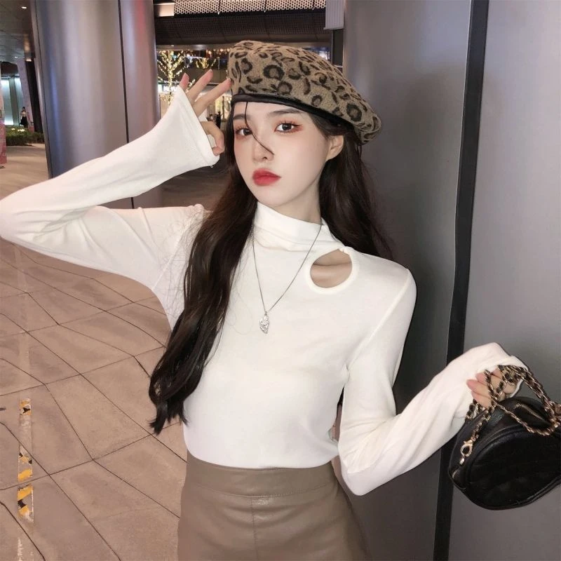 半高领打底衫女秋冬洋气内搭小个子小心机上衣露锁骨长袖T恤春秋