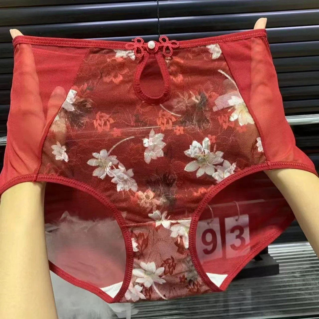 女士大码国风高腰蕾丝网纱绣花性感透气舒适三角内裤