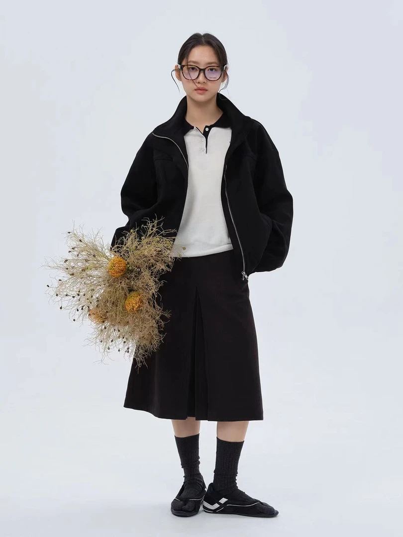 BUBBLE-077-韩系简约气质褶皱A摆半身裙Q【腰围66】