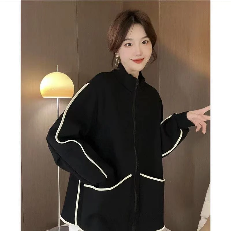 面100%棉秋冬新款加绒立领拉链外套女韩版通勤ins原宿风卫衣女