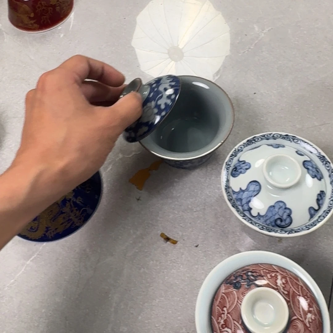 摆件老陶泥青花一路连科两才盖碗