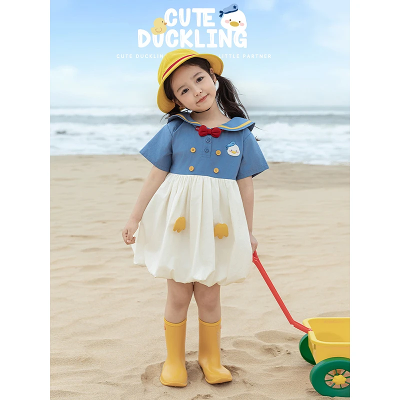 YOEHYAUL/幼悠夏肆波【鸭鸭航海记】女童夏季海军风洋气连衣裙X5093