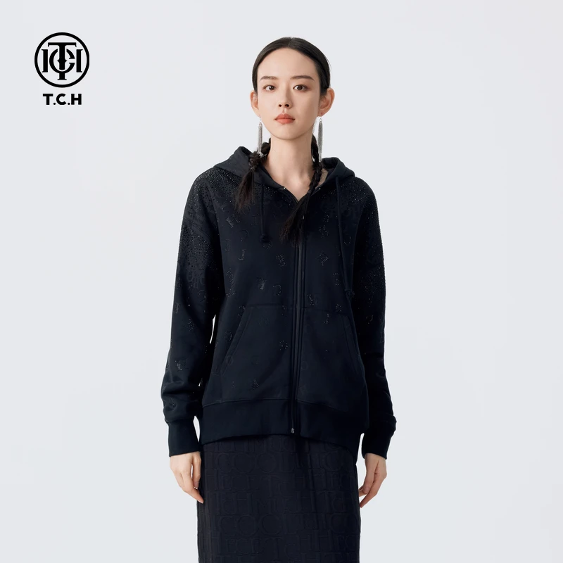 TCH字母烫钻潮牌休闲开衫外套男女2024卫衣拉链衫T72C176003