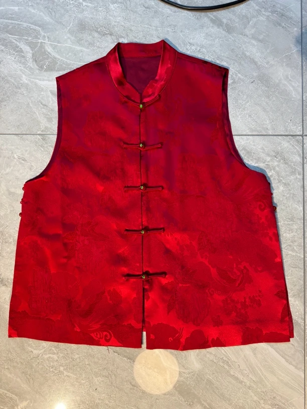 马夹常规款纯色常规厚提花网红复古无袖民族风红色立领马甲