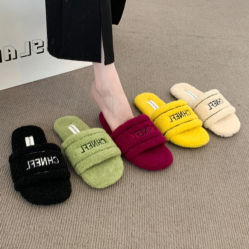 复古加绒刺绣毛毛拖鞋女秋冬外穿2025新款毛绒高级感软平底棉拖鞋