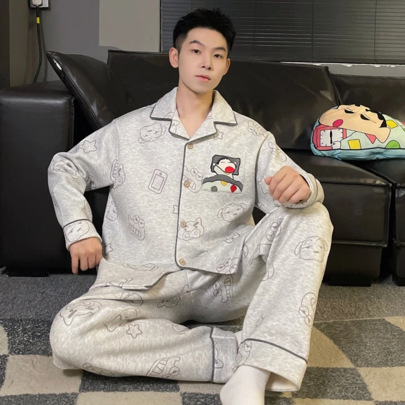春秋季睡衣男士长袖开衫德绒青少年薄绒男款加绒秋冬款家居服套装