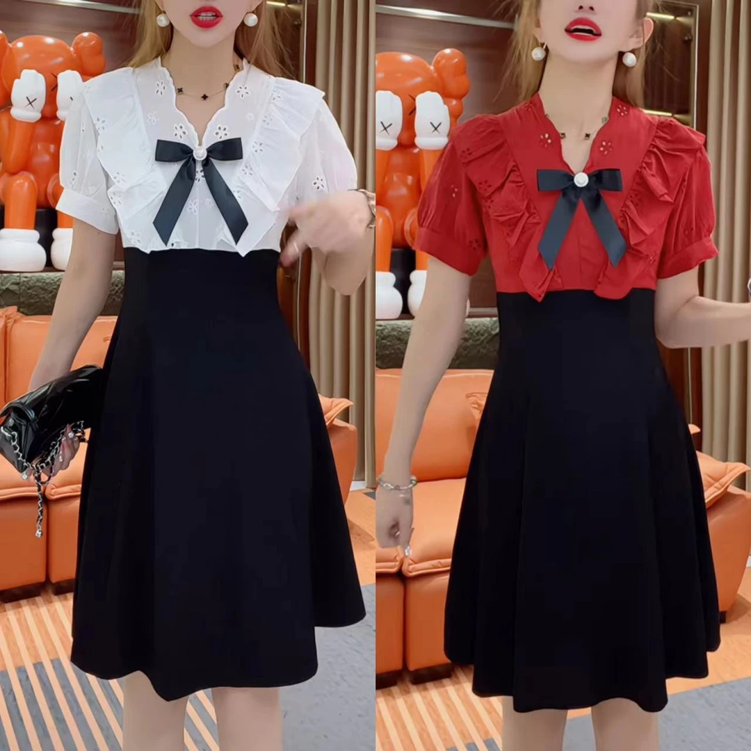 夏季法式收腰小个子拼接连衣裙