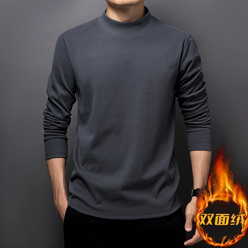 2025秋冬新款男士时尚百搭套头长袖打底保暖修身卫衣双面德绒上衣