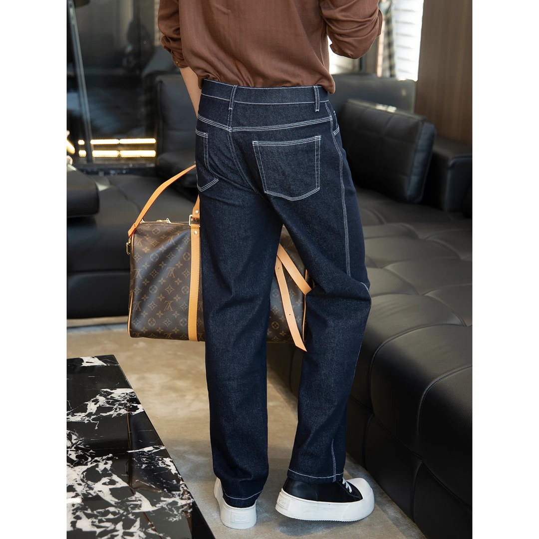 lp专属!保色洗水原色蓝色三本线牛仔裤男直筒休闲裤男士秋季薄款