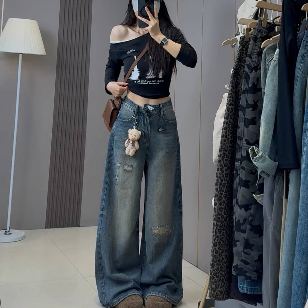 高腰显瘦遮肉垂感女士牛仔裤夏季新款百搭美式复古破洞宽松水洗