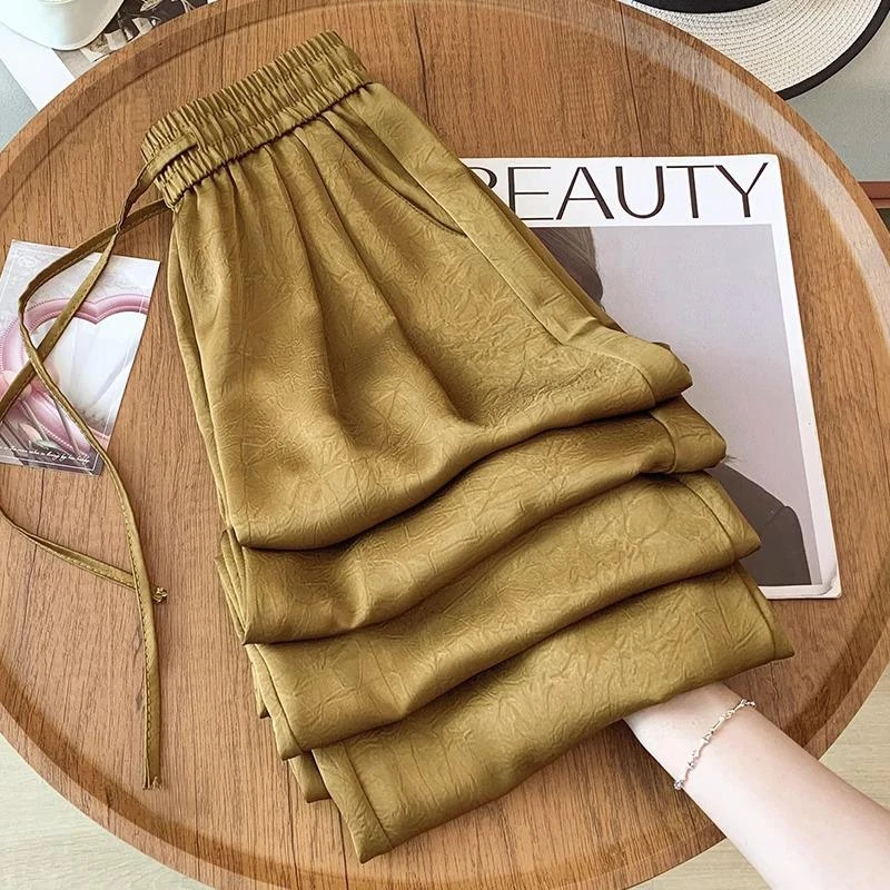 国风醋酸缎面阔腿裤女今年夏季新款薄款凉凉裤显瘦印花冰丝直筒裤