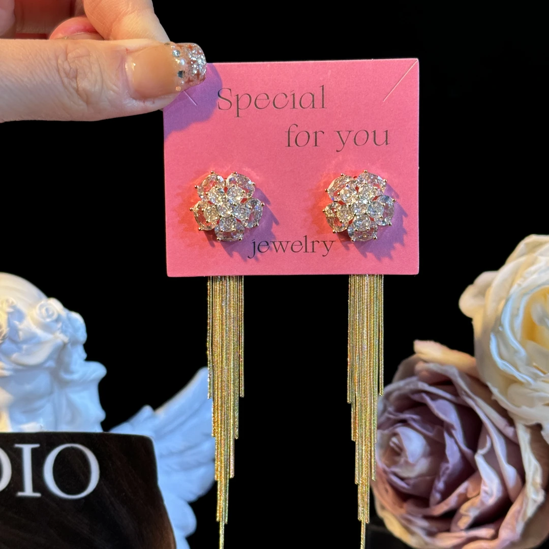 铜合金耳饰 凌薇】超闪锆石花朵长款流苏耳环气质轻奢两戴耳钉百搭