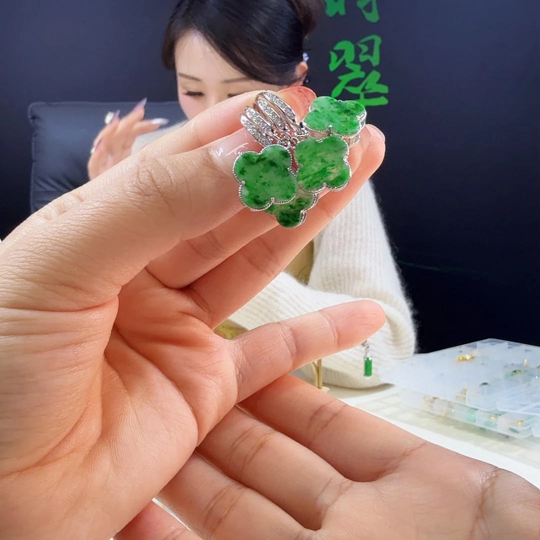 翡翠耳饰银S925镶嵌多样性发货发其一发一对925镶嵌