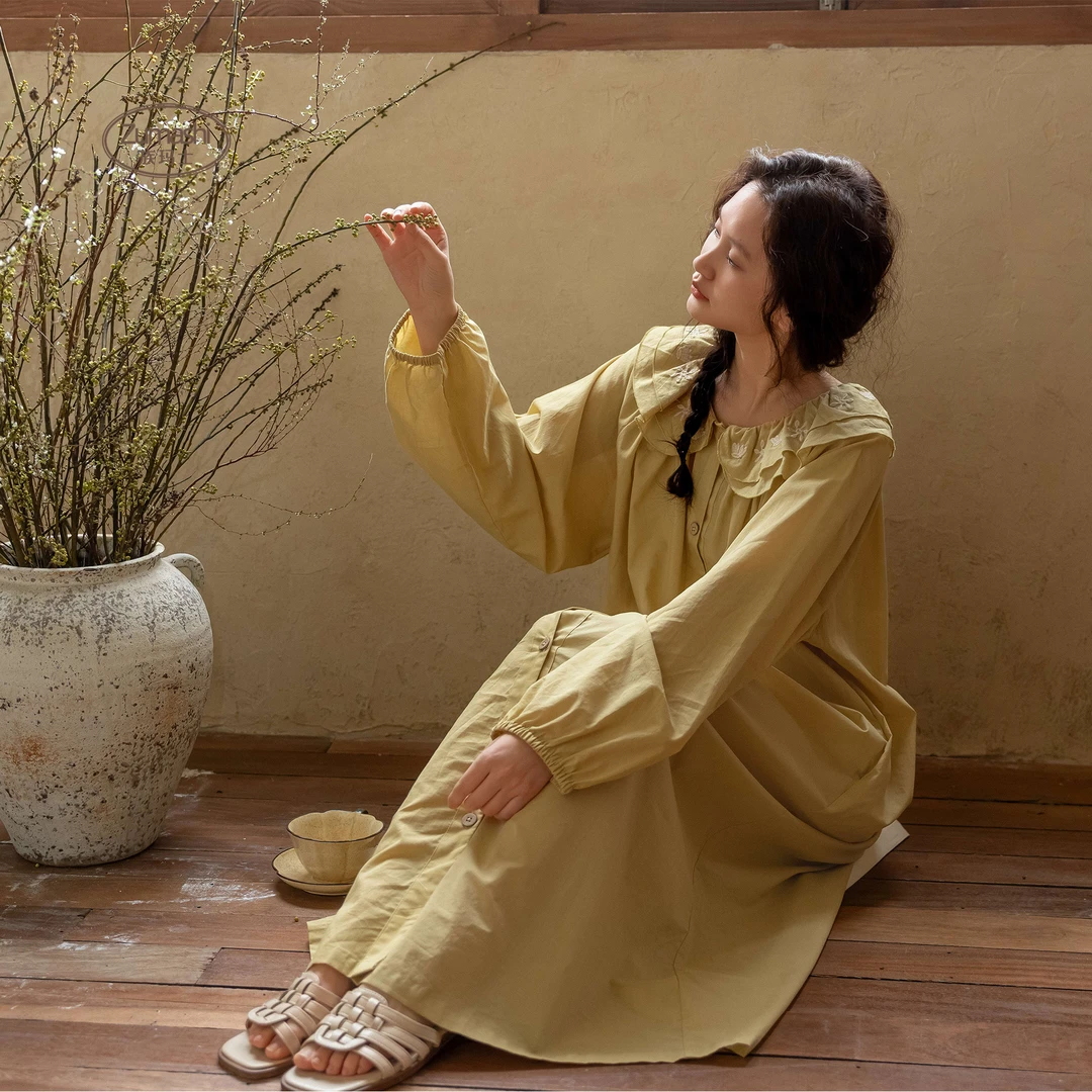 族玛士春夏新款可外穿家居服套装法式刺绣连衣裙睡裙长裙纯棉全棉