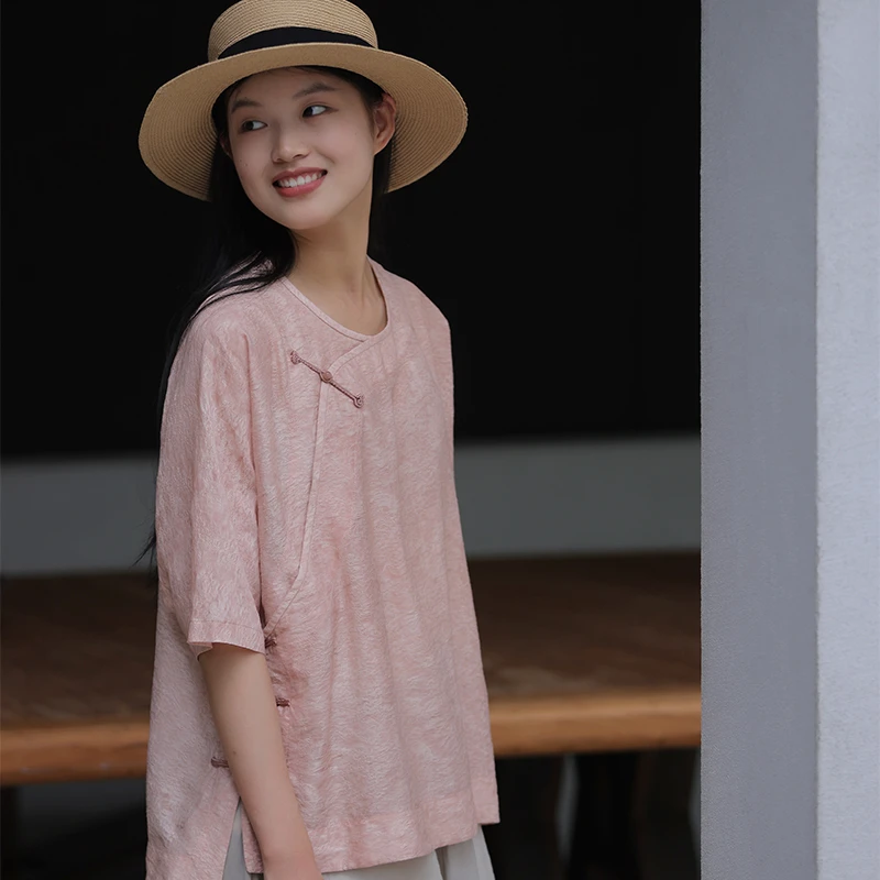 慢慢变蓝原创  夏新款丝麻新中式斜襟盘扣上衣 宽松禅衣茶服