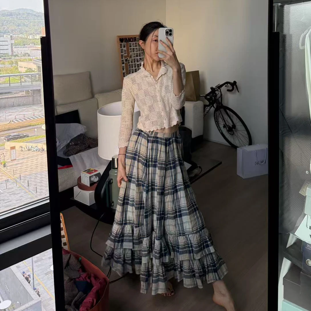 ROMI STUDIO“松弛优雅”复古格纹棉质薄纱高腰A字半身裙RWCSXL4391