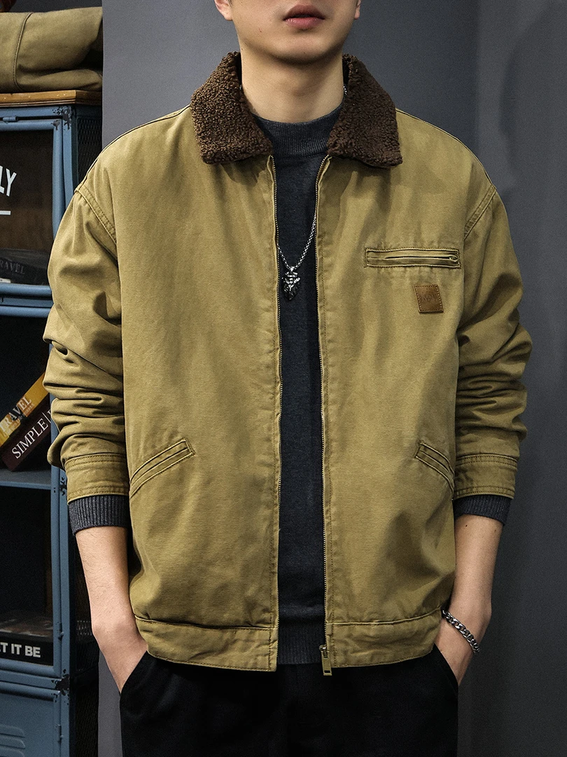 纳因戈兰 冬季新款翻领外套男美式机车风工装夹克摇粒绒加厚棉衣