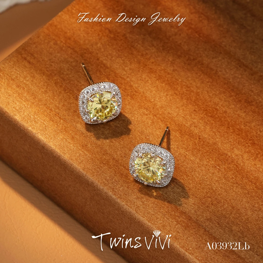 铜合金合成锆石耳饰 Twins VIVI  柠檬绿芳心耳钉/A03932Lb