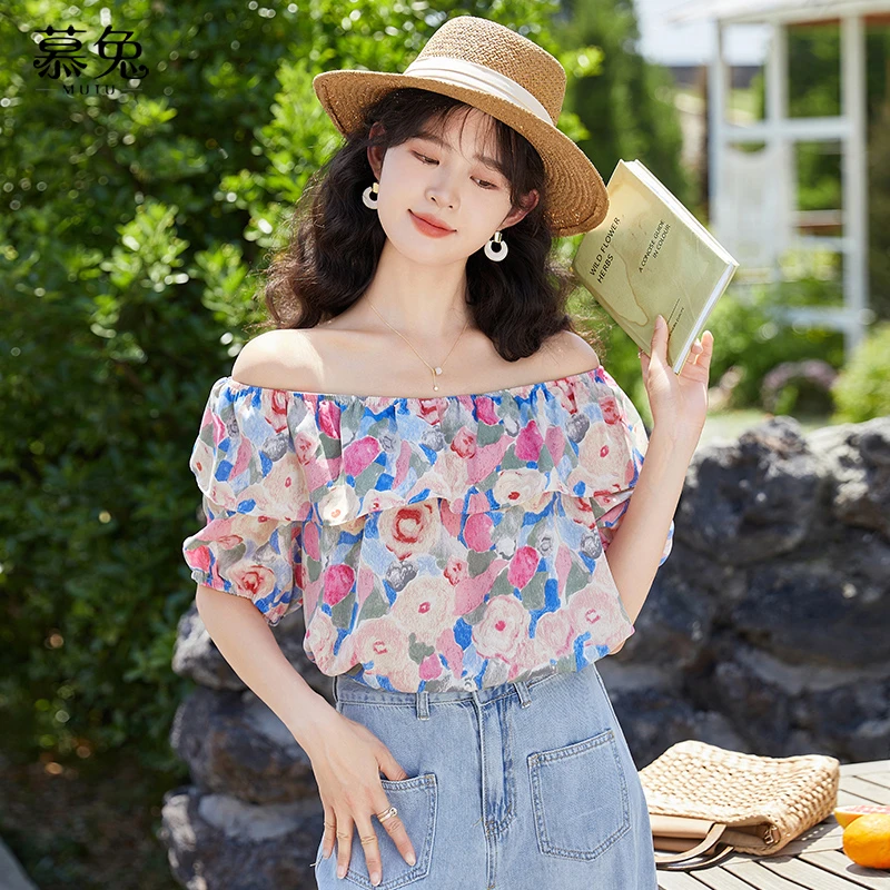 【小铃铛】MT11800法式一字肩泡泡袖碎花上衣女小众雪纺衬衫