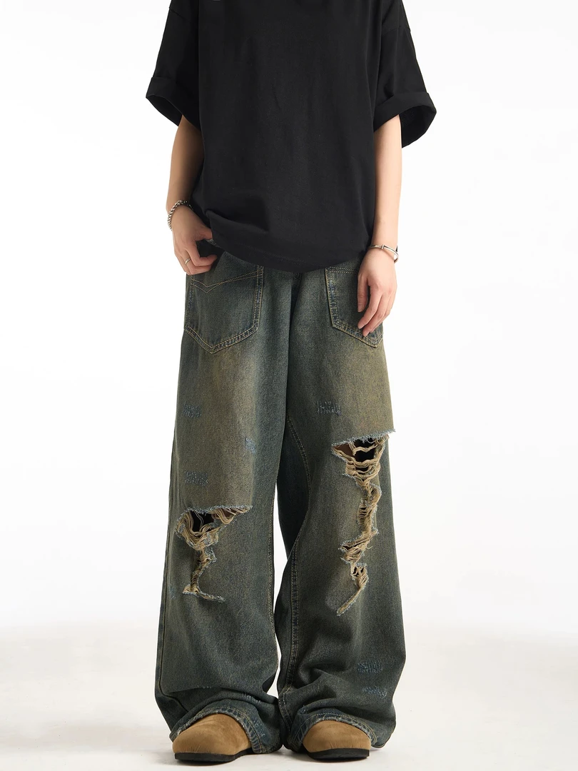 【2404】美式做旧反转口袋水洗破洞阔腿牛仔裤水洗重磅夏季长裤