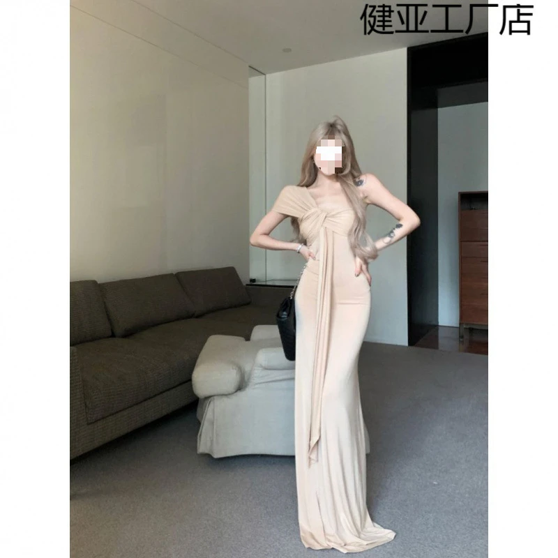 古希腊风格 不规则飘带仙气莫代尔垂感显瘦气质长裙