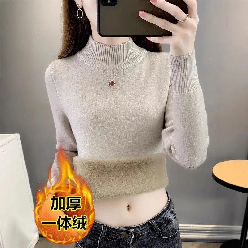 加绒一体绒秋冬针织毛衣女宽松半高领套头打底衫保暖双层中领上