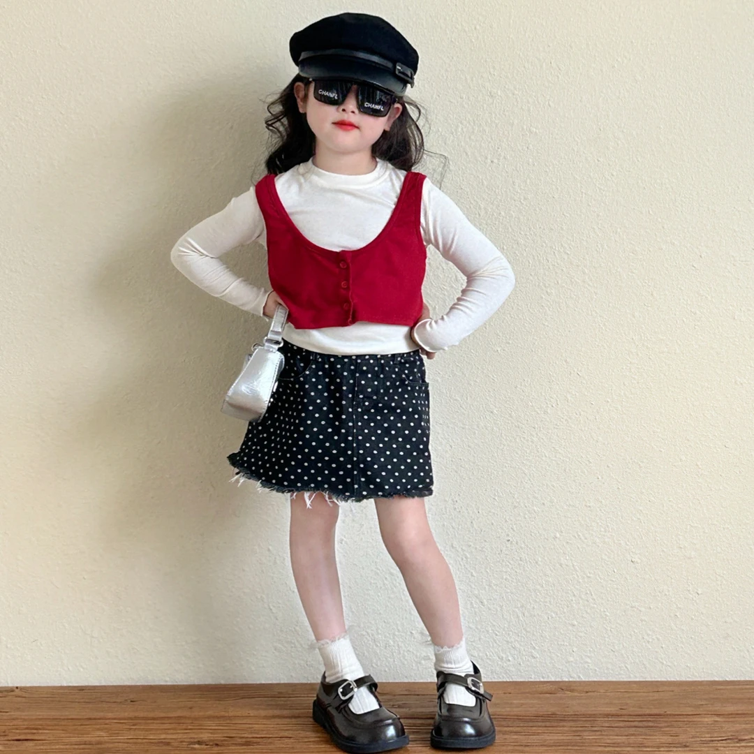 2025春女童韩版真两件打底衫叠穿搭配小坎肩背心T恤百搭两件套