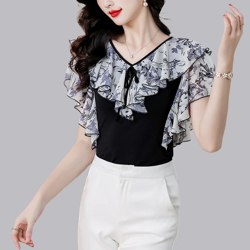 广场舞练功服高级设计感荷叶边印花小衫现代舞拉丁舞服